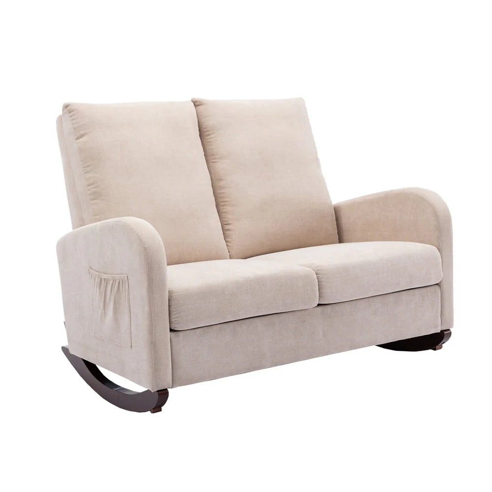 Modern Double Rocking Chair, Upholstered Oversized Glider Rocker for Baby Nursery and Kids, Loveseat Accent Armchair with High Back and Side Pocket, Extra Wide Lounge Chair for Living Room, Beige