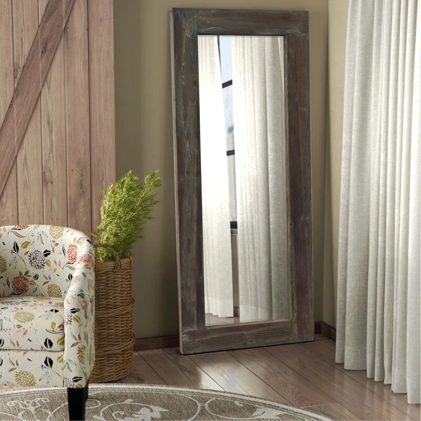Rustic Wood Freestanding Full-length Floor Mirror Antique Brown 58x24 Brown