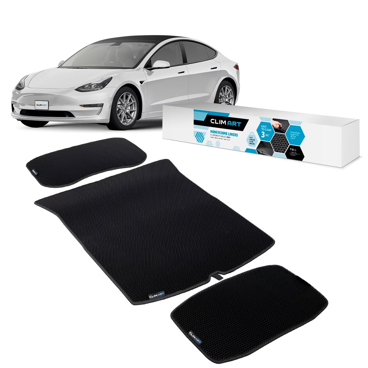 CLIM ART Cargo Liner for Tesla Model 3 2017-2025 Custom Fit Trunk Mat, with Honeycomb Dirtproof & Waterproof Technology - All-Climate, Heavy Duty, Anti-Slip Cargo Liner, Luggage - FL01117093