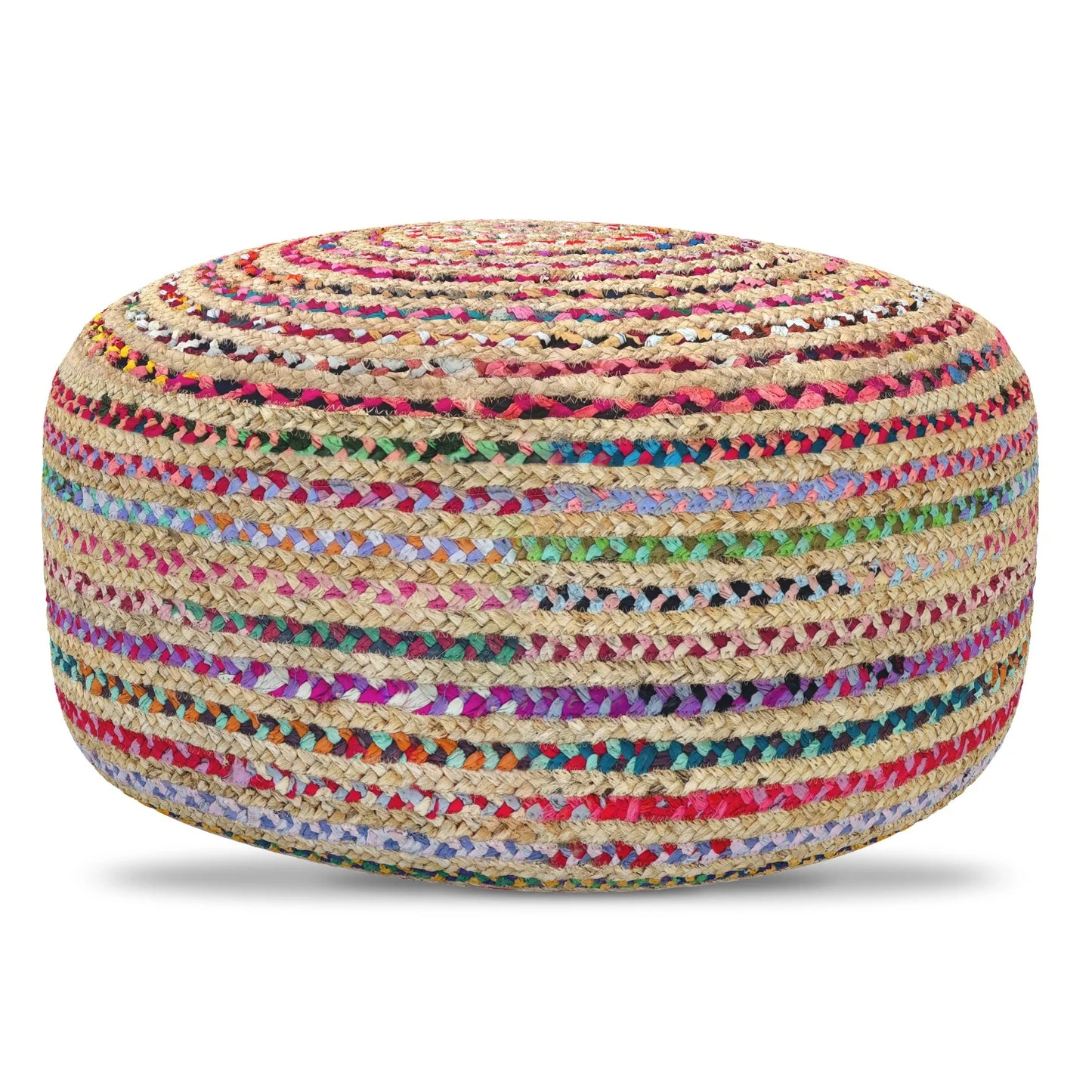 Splendid Multicolor Jute Round Pouf, 30x30x14 Inch, Woven Boho Contemporary Accent & Footstool