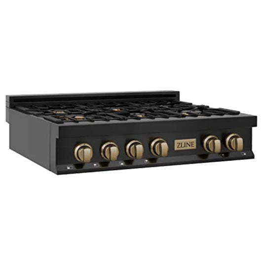 ZLINE 36 in. Autograph Edition Rangetop in Black Stainless Steel with Champagne Bronze Accents (RTBZ-36-CB)
