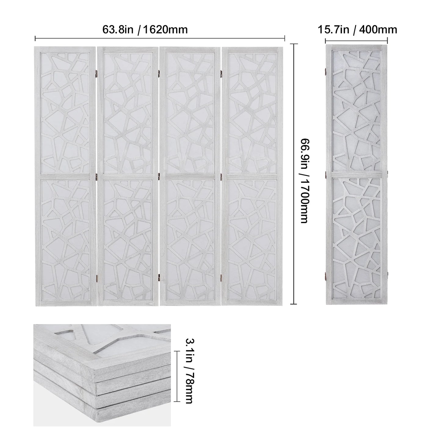 KFFKFF 4-Panel Room Divider, 66.9" Foldable Wood Panel Screen, Decorative Screen for Space Division in Homes, Offices, Restaurants & Bedrooms