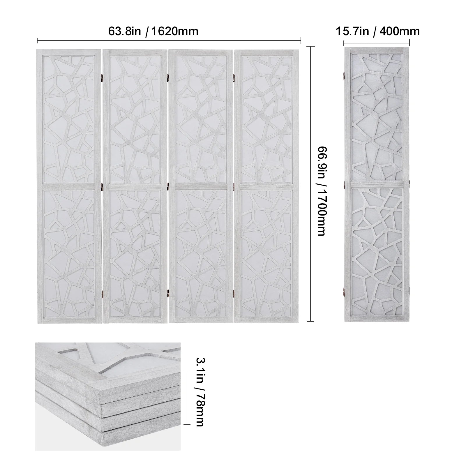 KFFKFF 4-Panel Room Divider, 66.9" Foldable Wood Panel Screen, Decorative Screen for Space Division in Homes, Offices, Restaurants & Bedrooms