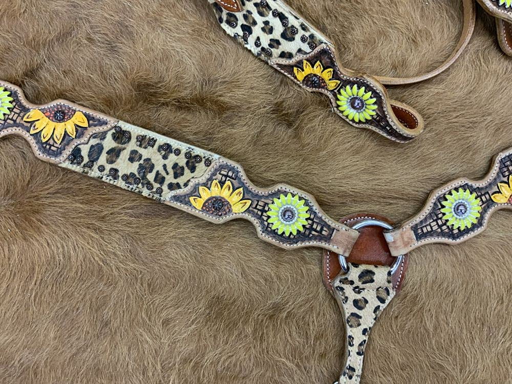 Showman Leather Headstall & Breast Collar Set w/Cheetah Print & Sunflowers