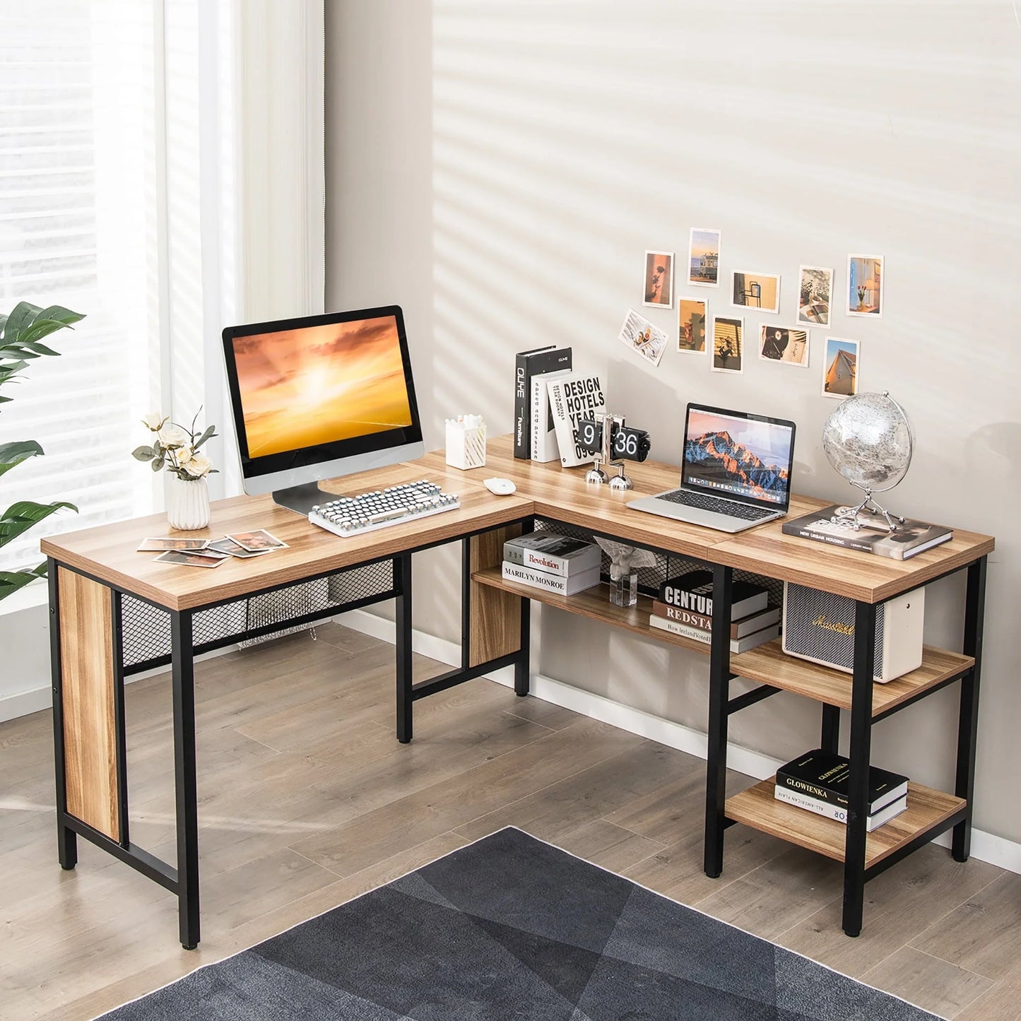 Costway L-Shaped Corner Computer Desk Home Office Workstation w/Storage Shelves Oak