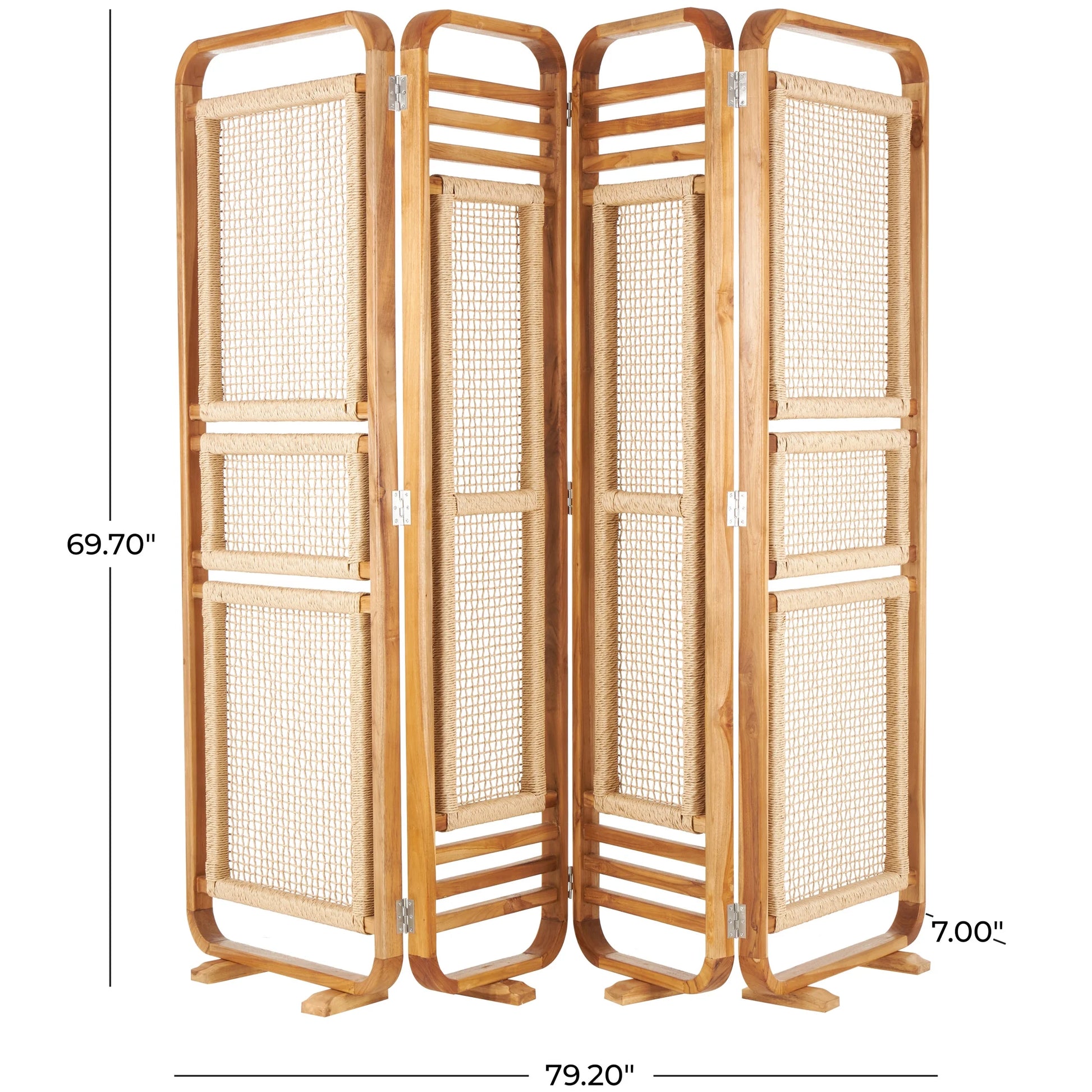 DecMode 79" x 70" Brown Teak Wood Handmade Foldable Partition 4 Panel Room Divider Screen with Woven Rattan Panels, 1-Piece