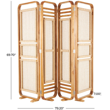 DecMode 79" x 70" Brown Teak Wood Handmade Foldable Partition 4 Panel Room Divider Screen with Woven Rattan Panels, 1-Piece