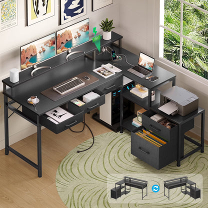 L Shaped Gaming Desk with File Drawer & Power Outlet, 53" Reversible Home Office Desk with Monitor Stand & Storage Drawers, Modern Corner Computer Desk with CPU Stand & Printer Storage Shelves, Black