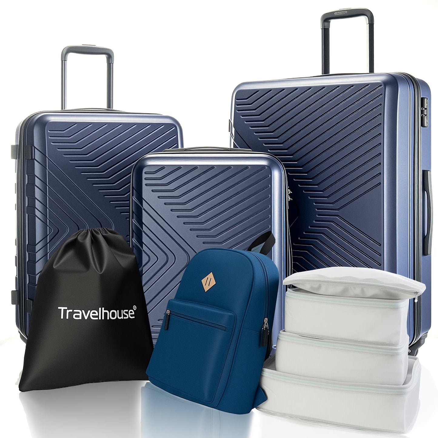 Travelhouse 3 Piece Hardside Luggage Set Hardshell Lightweight TSA Lock Spinner Wheels Suitcase with Backpack and 5 Packing Cubes.Black