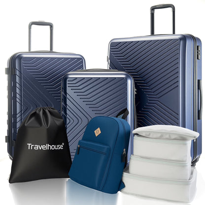 Travelhouse 3 Piece Hardside Luggage Set Hardshell Lightweight TSA Lock Spinner Wheels Suitcase with Backpack and 5 Packing Cubes.Black