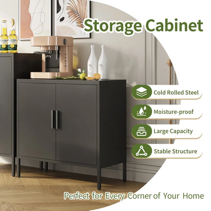 31.5" Metal Storage Cabinet with 2 Doors and 2 Adjustable Shelves, Garage Storage Cabinet with Metal Handles, Metal File Cabinet for Home Office School Gym, Black