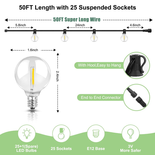 Solar Outdoor String Lights - 50FT Waterproof Patio Lights with 25 Dimmable Hanging Lights Globe G40 Bulbs, Shatterproof LED Christmas Lights for Outside Decor Party Wedding Porch Backyard