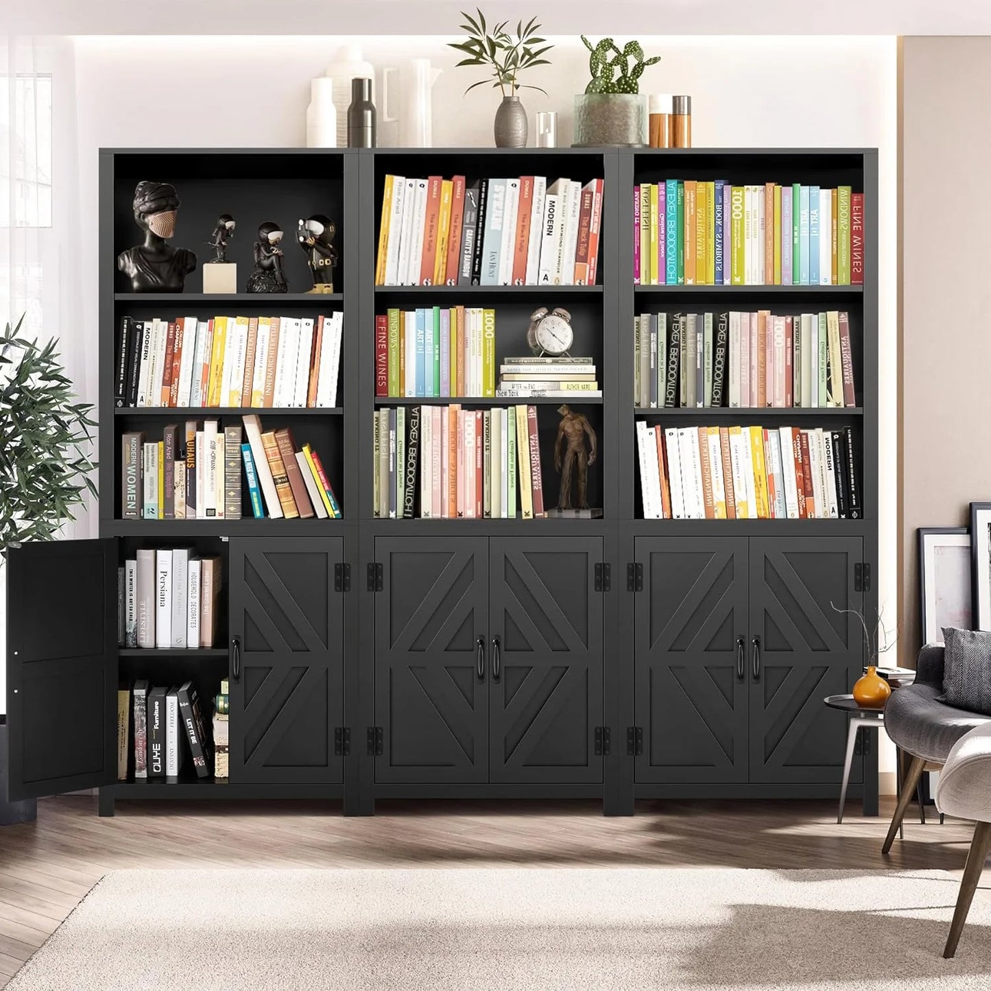 SEJOV Tall Bookshelves, 5-Tier Farmhouse Bookshelf with Cabinet Doors, 71" Bookcase with 3-Tier Open Wood Shelves, Adjustable Book Case for Home Office, Black