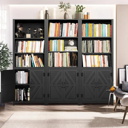 SEJOV Tall Bookshelves, 5-Tier Farmhouse Bookshelf with Cabinet Doors, 71" Bookcase with 3-Tier Open Wood Shelves, Adjustable Book Case for Home Office, Black