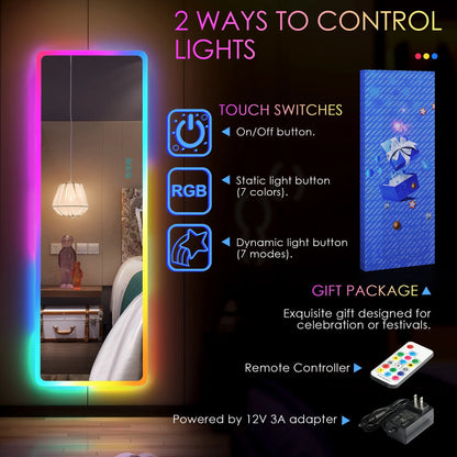 LVSOMT 47"x16" Full Length Mirror with Lights, RGB Color Changing Lighted Mirror, Wall Mounted Full Body Mirror, Over The Door Hanging Mirror, 14 LED Light + Dimmable Brightness + Adjustable Speed