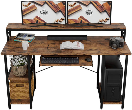 IRONCK Industrial Computer Desk 55", Home Office Desk with Printer Monitor Stand Large Workstation with Storage Shelves and CPU Stand, Studying Writing Table for Home Office, Vintage Brown
