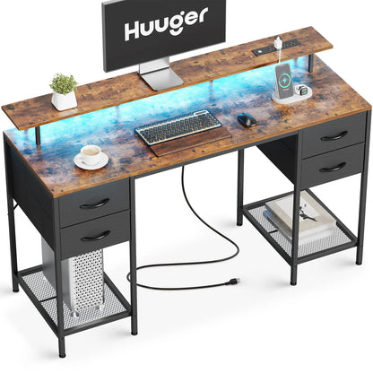 Huuger 55" Computer Desk with LED Lights & Power Outlets, Industrial Home Office Desk with Drawers & Storage Shelves, Corner Writing Desk, Gaming Desk, Rustic Brown