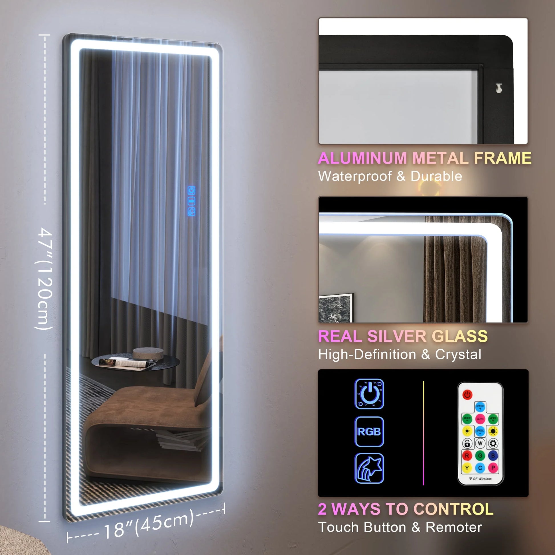 LVSOMT 47"x18" RGB LED Mirror, Over The Door Lighted Mirror, Full Length with Lights, Wall Mounted Hanging Mirror, Full Body Dressing Mirror, Light Up Mirror for Bedroom Living Room, Black