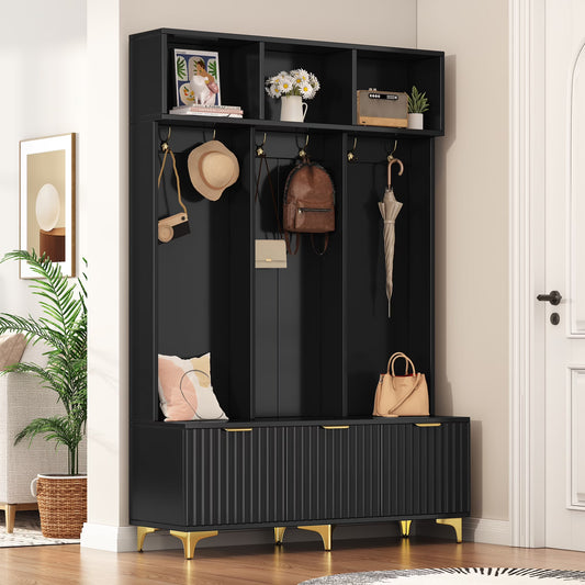 Euroco Modern Hall Tree with High Gloss Fluted Doors, Gold Accents, Shoe Storage & Bench - Entryway Organizer with Cubbies and Coat Hooks