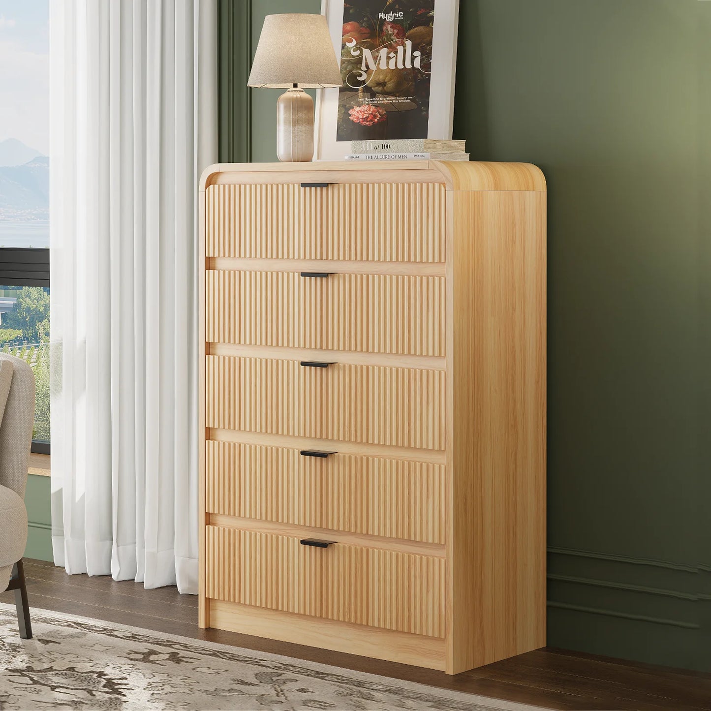 SELOOYE Fluted 5 Drawers Dresser for Bedroom, 47" Tall Modern Dresser Chest of Drawers, Black Accents, Fluted Fronts, Wood Storage Dressers Organizer for Bedroom, Living Room, Natural