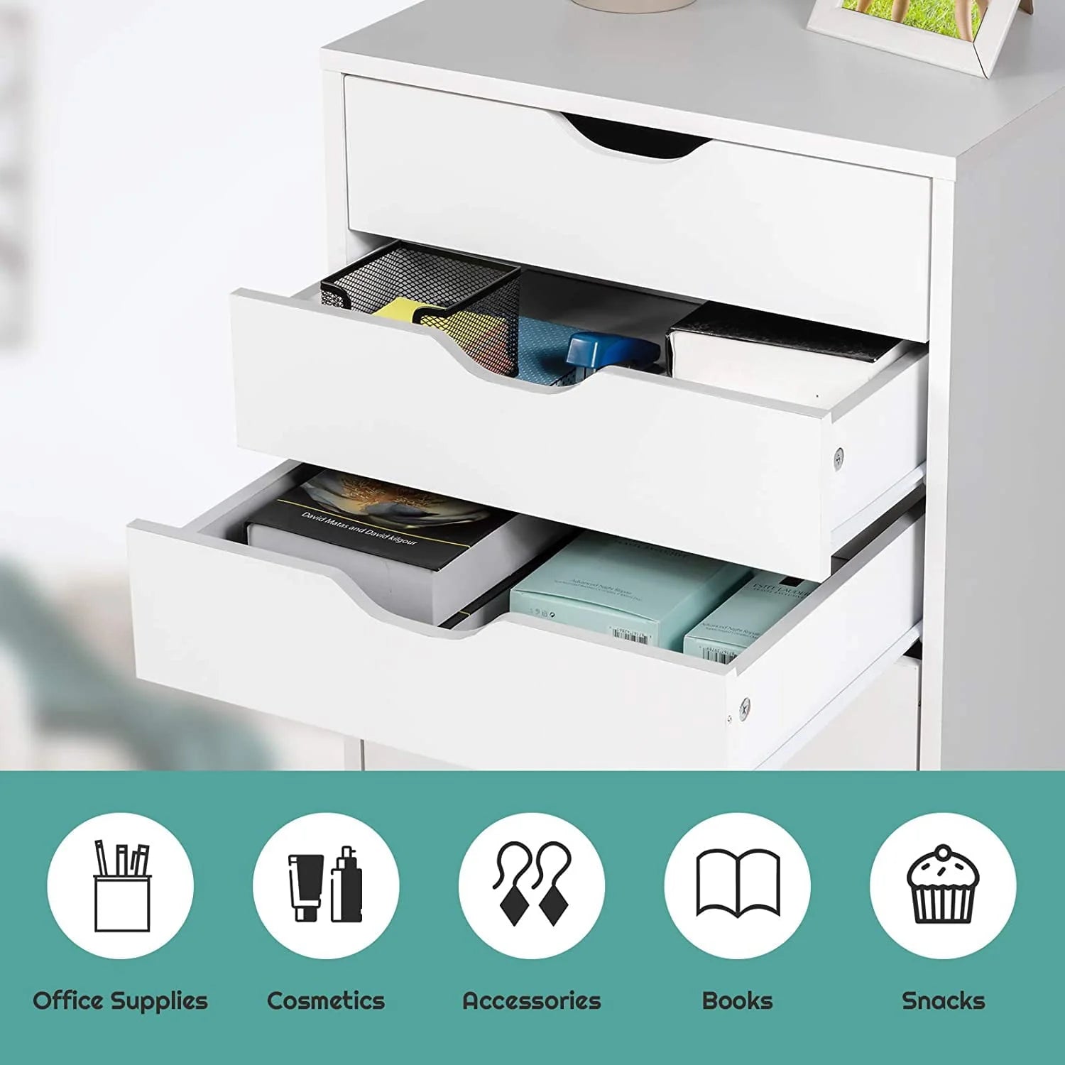 DWVO Wood File Cabinet Rolling Cart 5 Drawer Home Office Storage Organizer White