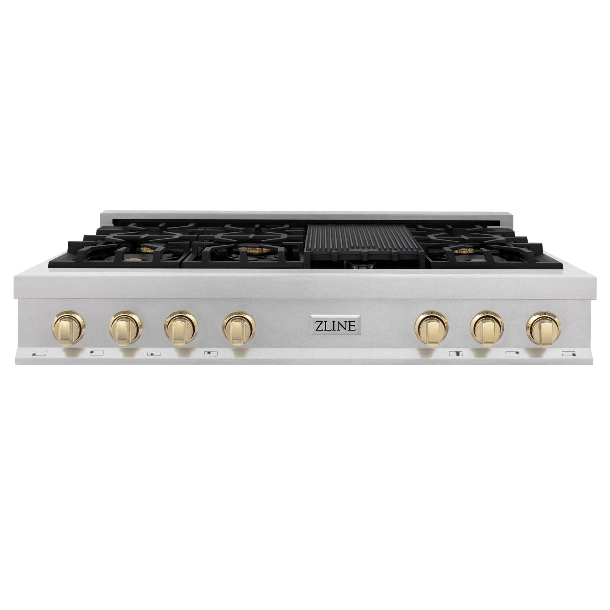 ZLINE Autograph Edition 48" Porcelain Rangetop with 7 Gas Burners in DuraSnow Stainless Steel and Champagne Bronze Accents (RTSZ-48-CB)