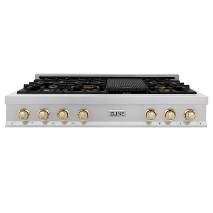ZLINE Autograph Edition 48" Porcelain Rangetop with 7 Gas Burners in DuraSnow Stainless Steel and Champagne Bronze Accents (RTSZ-48-CB)