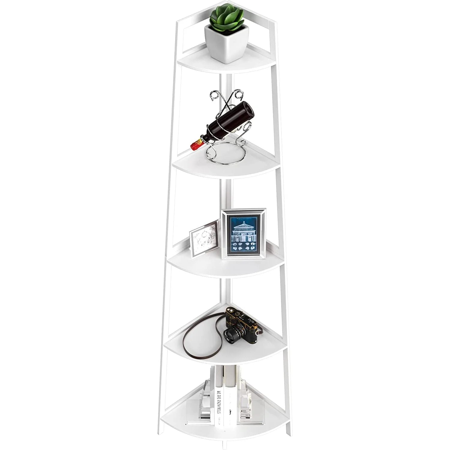 Hassch 5-Tier Industrial Corner Bookcase 70" Wood Ladder Shelf Rustic Bamboo Stand for Living Room, Kitchen, Home Office, White