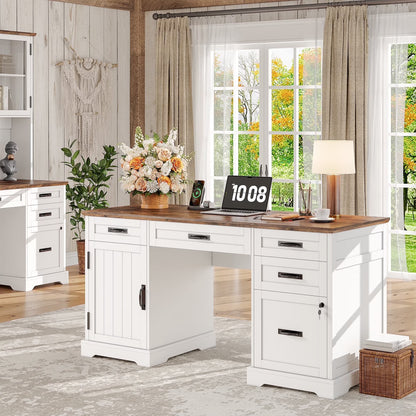 Whalefall 55 in Farmhouse Executive Desk with File Drawer for Adult Home Office, White