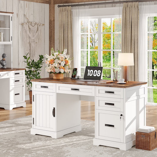 Whalefall 55 in Farmhouse Executive Desk with File Drawer for Adult Home Office, White
