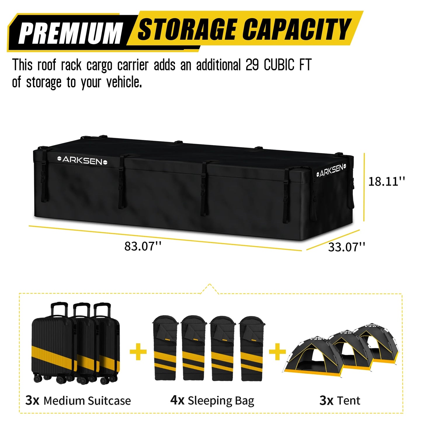 Arksen 29 Cubic Feet Waterproof Roof Top Luggage Storage Bag Heavy Duty Car Carrier Rooftop Bag W/12 Reinforced Straps, External Anti-slip Mat, 8 Door Hooks, For All Vechicles With/Without Rack
