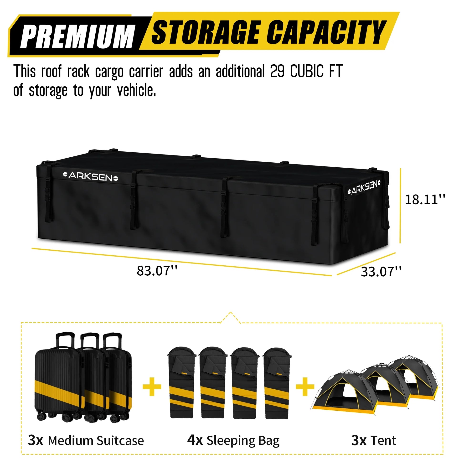 Arksen 29 Cubic Feet Waterproof Roof Top Luggage Storage Bag Heavy Duty Car Carrier Rooftop Bag W/12 Reinforced Straps, External Anti-slip Mat, 8 Door Hooks, For All Vechicles With/Without Rack