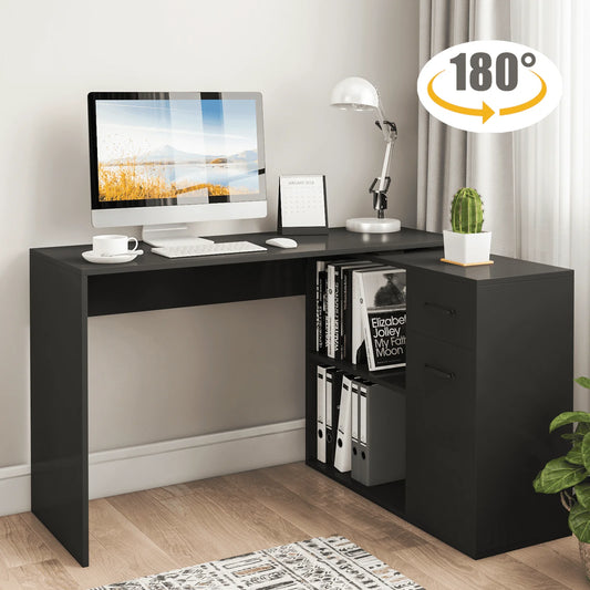 Hoffree 180 Degree Rotating Computer Desk with 2 Open Shelves 68 inch L-Shaped Desk with Drawers & File Cabinet Study Workstation for Home Office & Bedroom, Black/White