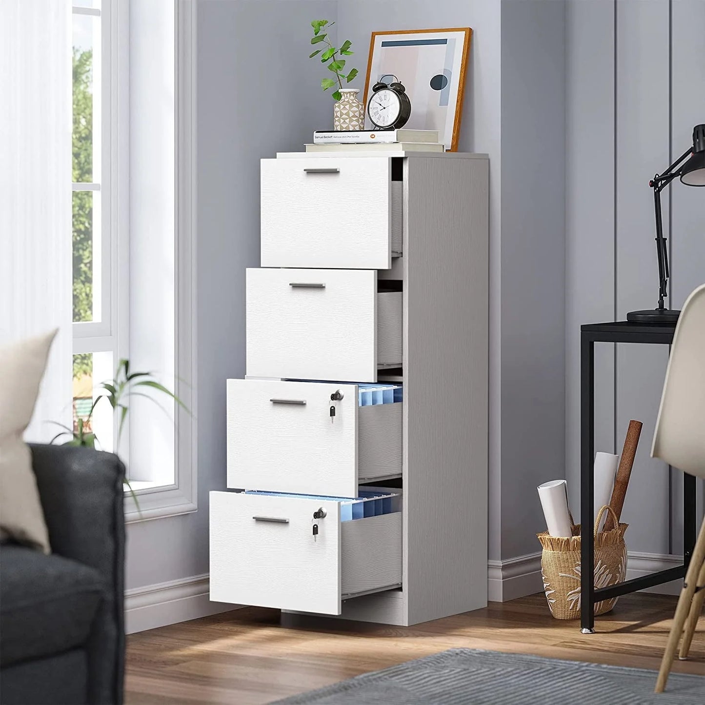 DEXTRUS 4-Drawer Wood File Cabinet with Lock, 15.86" Deep Vertical Filing Cabinet for Home Office, White