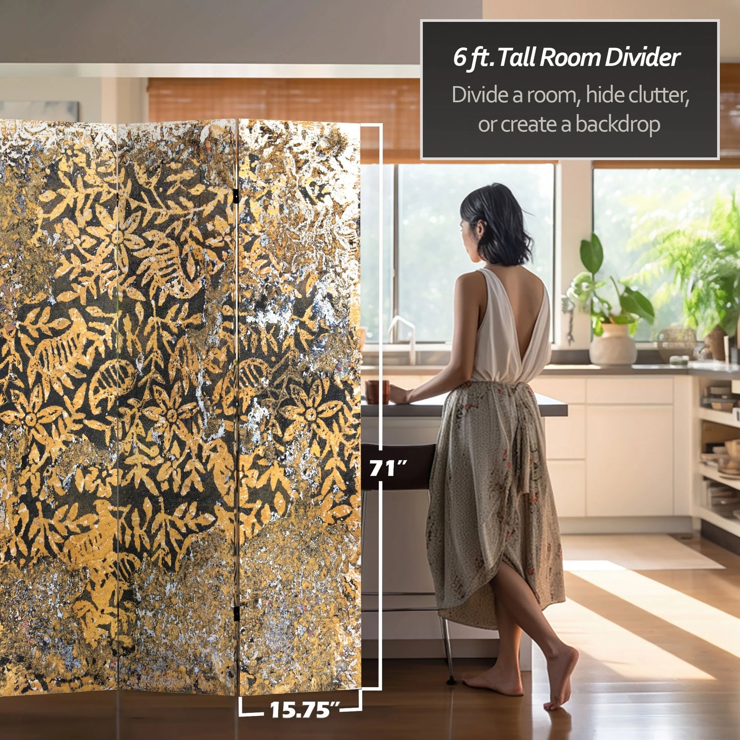 Oriental Furniture 6 ft. Tall Flowering Gold Canvas Room Divider - 3 Panel