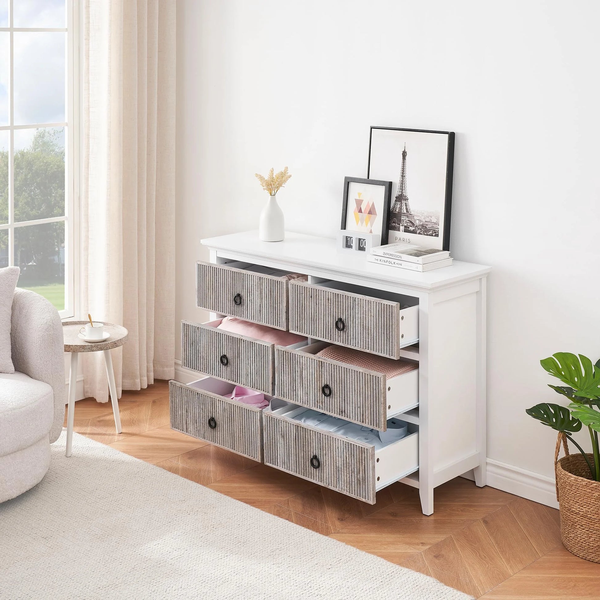 Homhougo White Dresser for Bedroom 6 Drawer, Wood Organizer Storage Cabinet with Gray Strip Drawer Door, Chest of Drawers for Closet, Living Room, Hallway, Nursery, Kids Bedroom