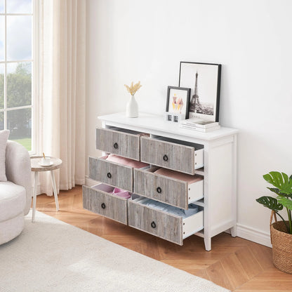 Homhougo White Dresser for Bedroom 6 Drawer, Wood Organizer Storage Cabinet with Gray Strip Drawer Door, Chest of Drawers for Closet, Living Room, Hallway, Nursery, Kids Bedroom