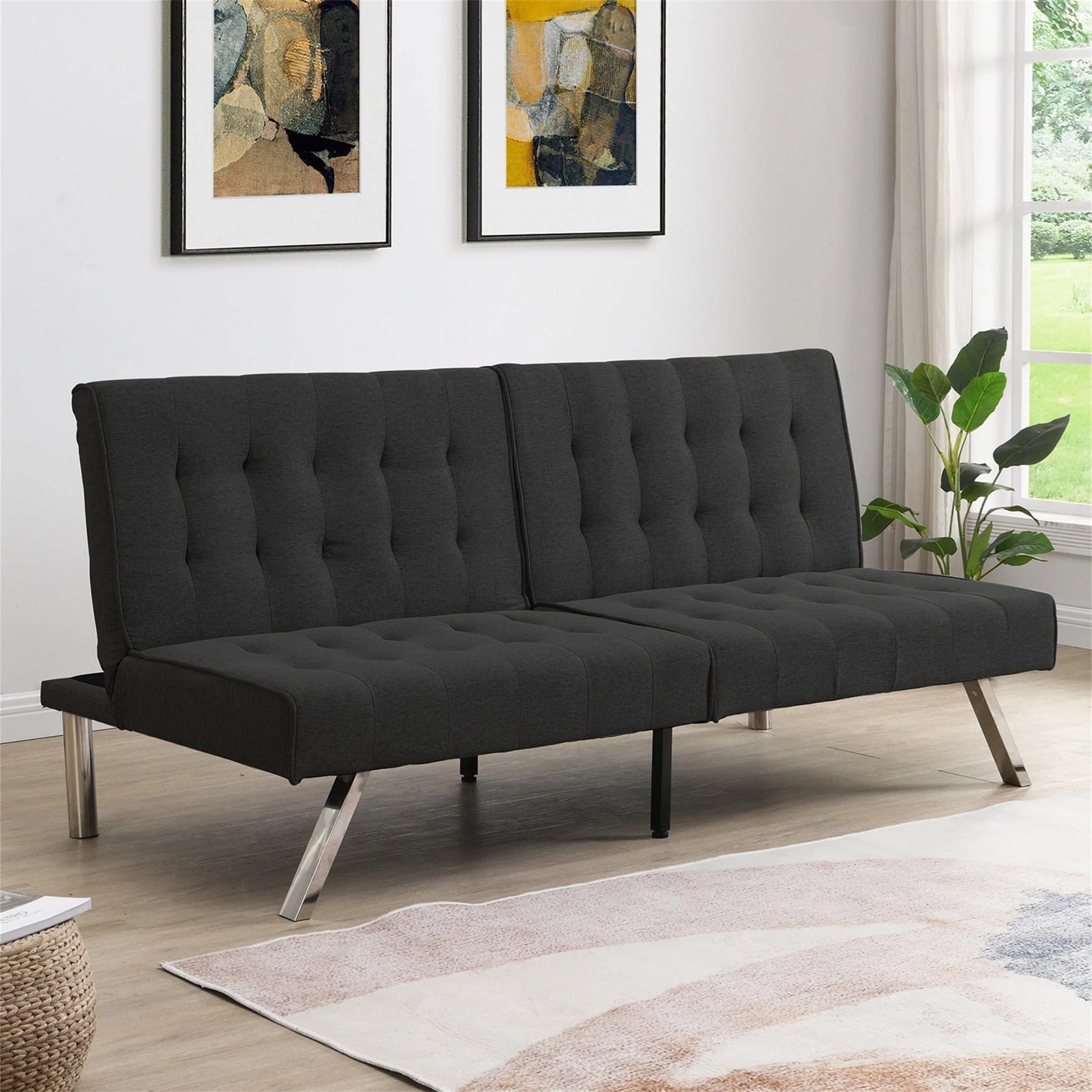 Aukfa Linen Futon Convertible Sofa for Home Office, Split Back, Space Save, Black