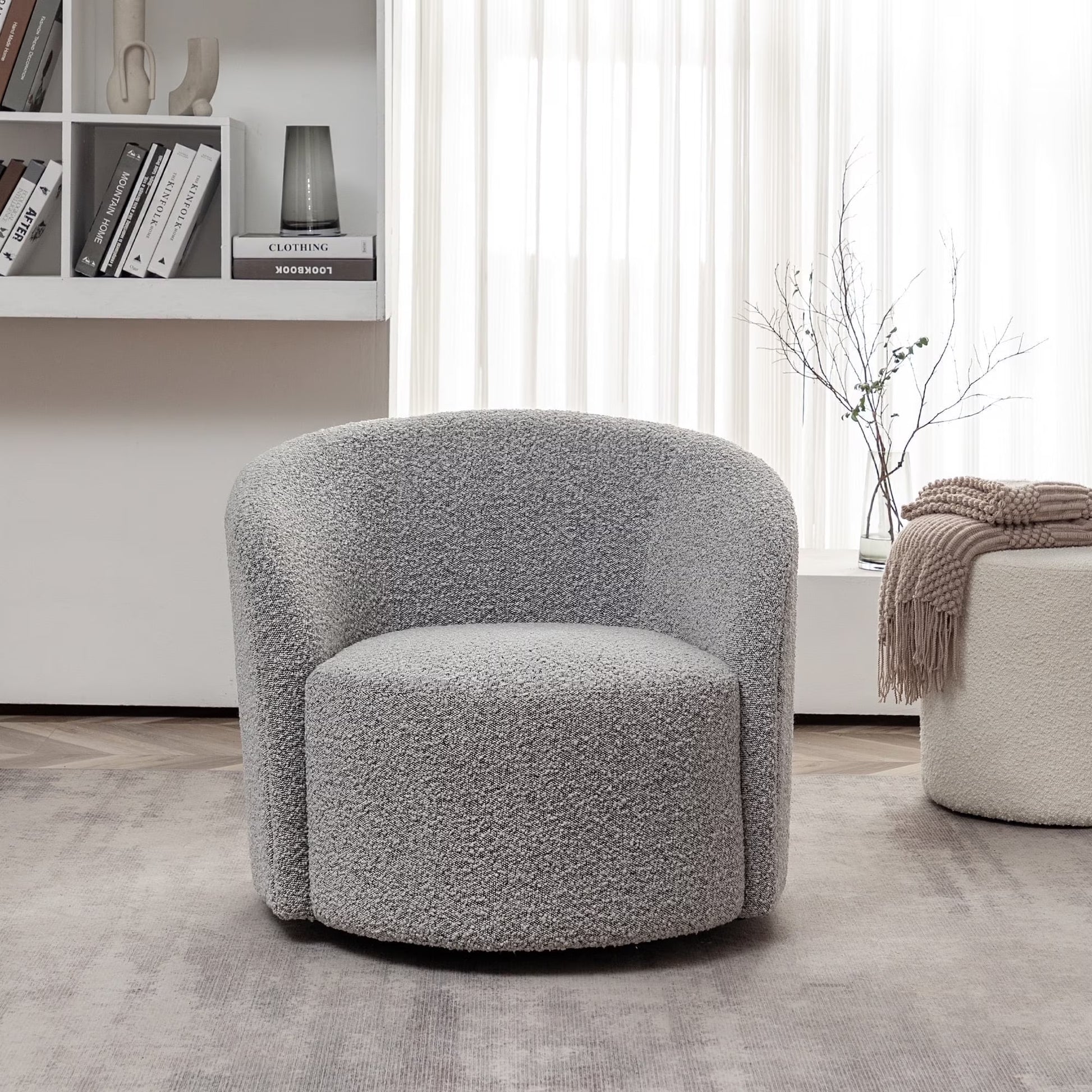 34" W Mid Century Modern Swivel Barrel Chair, Round Upholstered Boucle Swivel Accent Chairs, No Assembly Sofa Chair for Living Room Bedroom Reading Apartment Lounge Nursery(Cream)