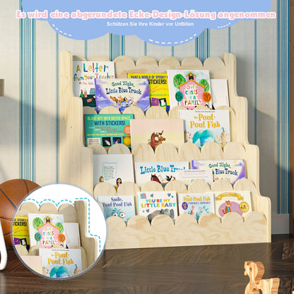 Montessori Wood Kids Bookshelf - Scalloped 4-Tier Front-Facing Book Display, Nursery Organizer for Toddler/Baby Books & Toys, Gender-Neutral Classroom Playroom Storage