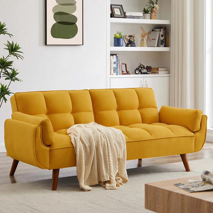 Aukfa 75" Flared Arm Futon Convertible Sofa Bed, Linen Sleeper Couch for Home Office, Beige