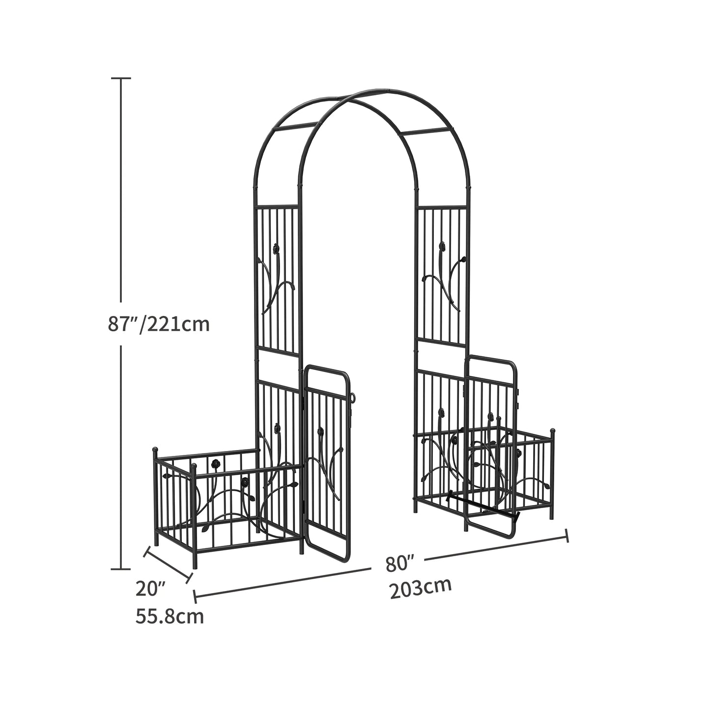 Dextrus Metal Garden Arch with Planter Boxes and Gate, Elegant Wedding Arch Climbing Plants Party Decoration for Outdoor Lawn