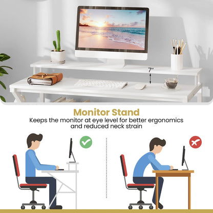 Costway Home Office Desk with Monitor Stand, Open Shelf & Metal Frame, Earphone Hook White