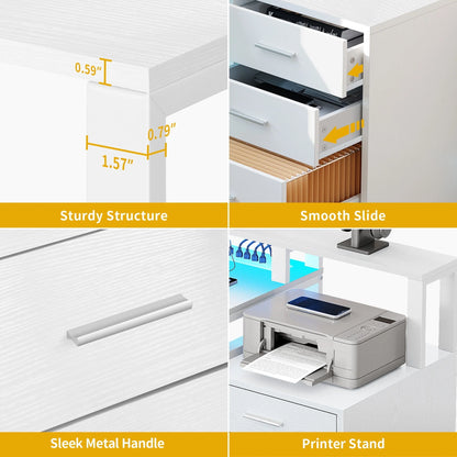 65" L Shaped Desk with Power Outlets and Monitor Stand , Computer Desk with LED Light &File Cabinet, Corner Desk with 3 Drawers & 4 Open Storage Shelves, White Modern Home Office Desk