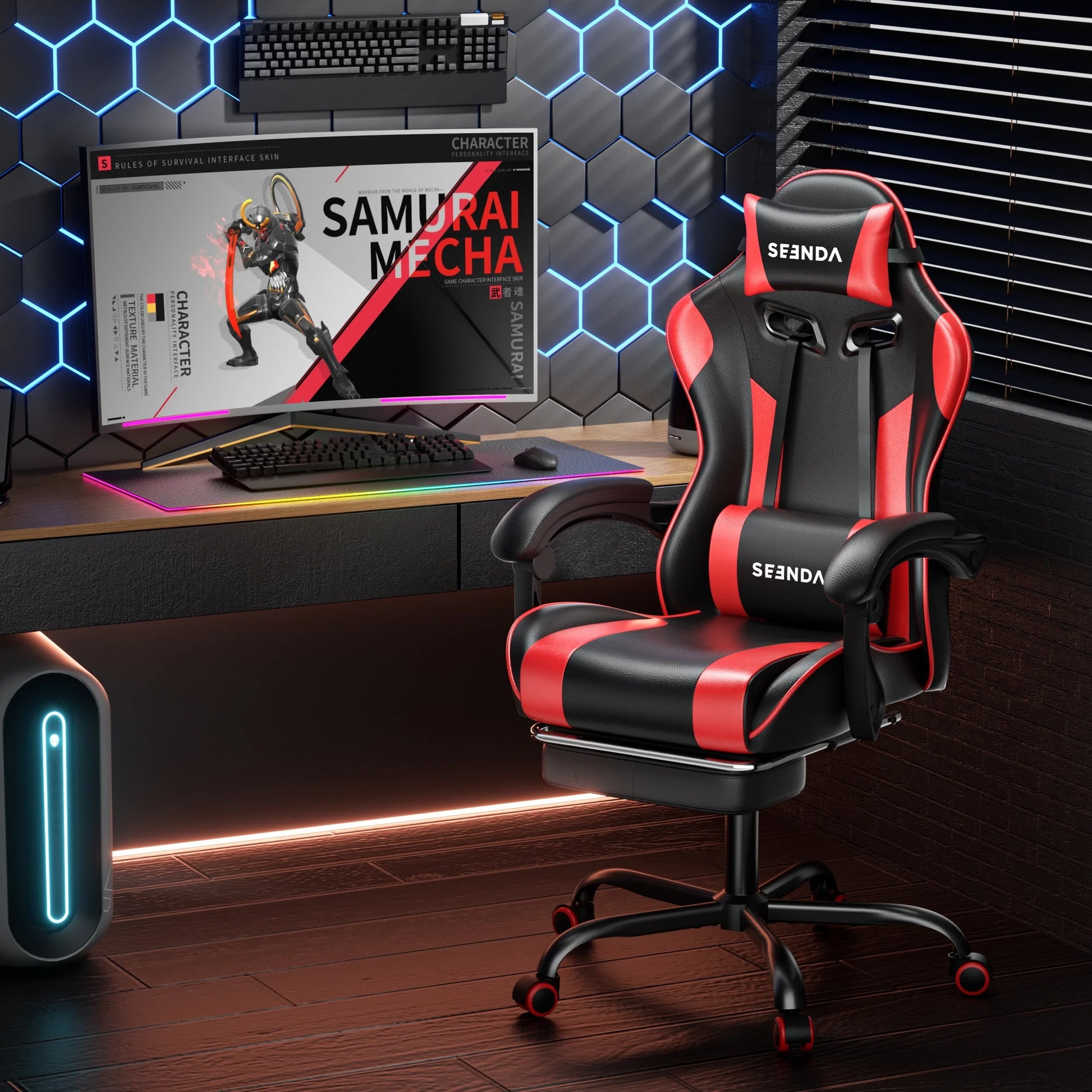 Gaming Chair, Seenda Computer Office Chair, Linkage Armrests and Footrest, High Back Ergonomic Home Office Desk Chair with Lumbar Support Task Chair, Red