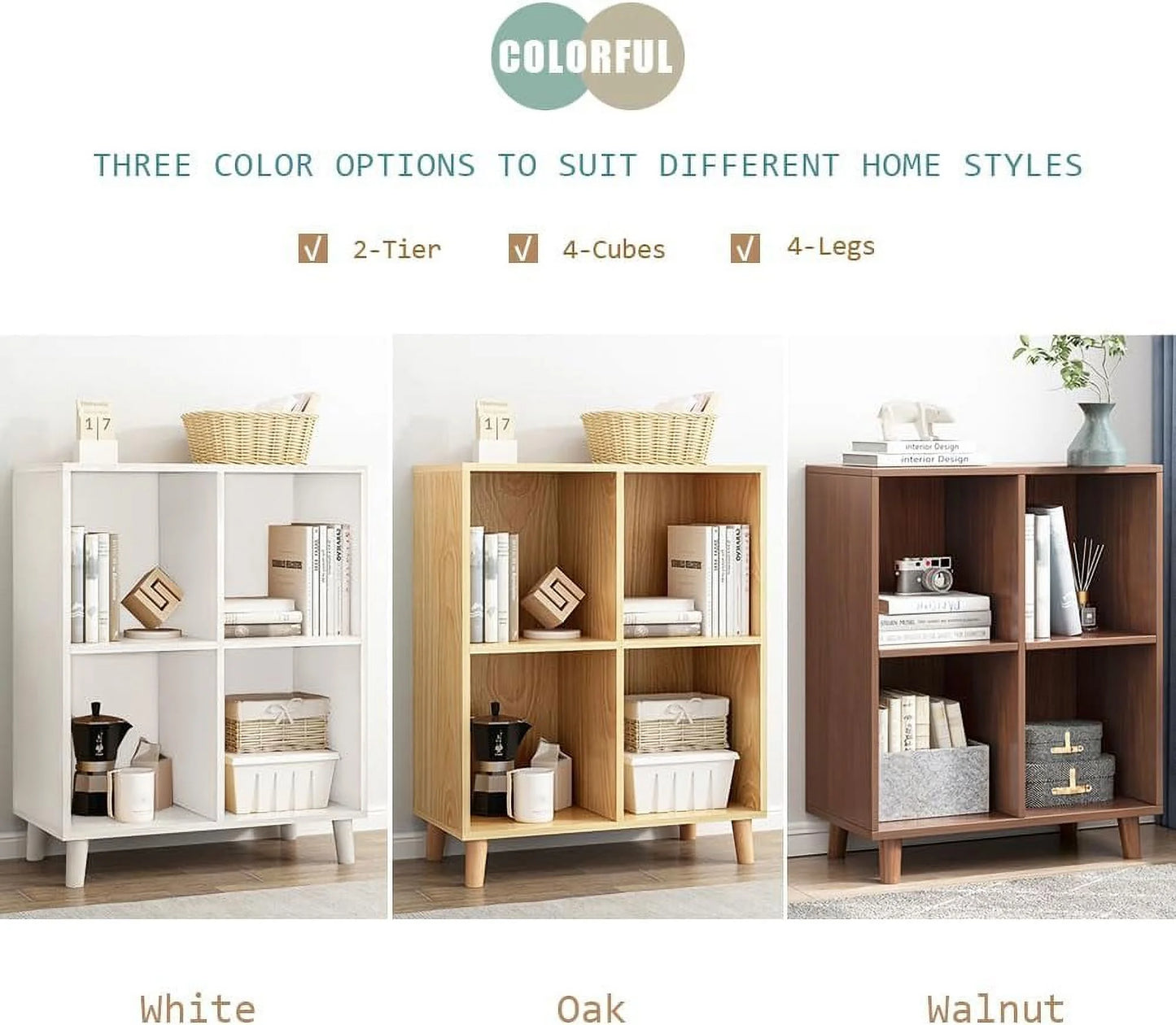 Freestanding Open Cubes Bookcase - 2-Tier Floor Standing Wooden Storage Display Cabinet Organizer with Legs for Home Office, 4-Cubes Open Shelf Low Short Bookshelf, Walnut