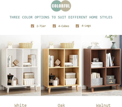 Freestanding Open Cubes Bookcase - 2-Tier Floor Standing Wooden Storage Display Cabinet Organizer with Legs for Home Office, 4-Cubes Open Shelf Low Short Bookshelf, Walnut