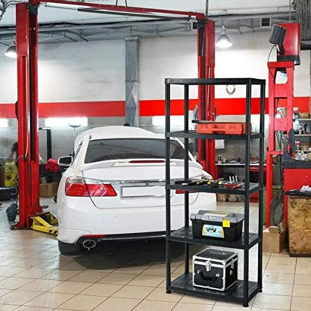 5 Tier Plastic Storage Shelves, Easy to Assemble Garage Rack, Multi-Use Free Standing Shelf Unit, Heavy Duty Shelving for Home Office, Black(2, 36° L X 18° W X 73° H)