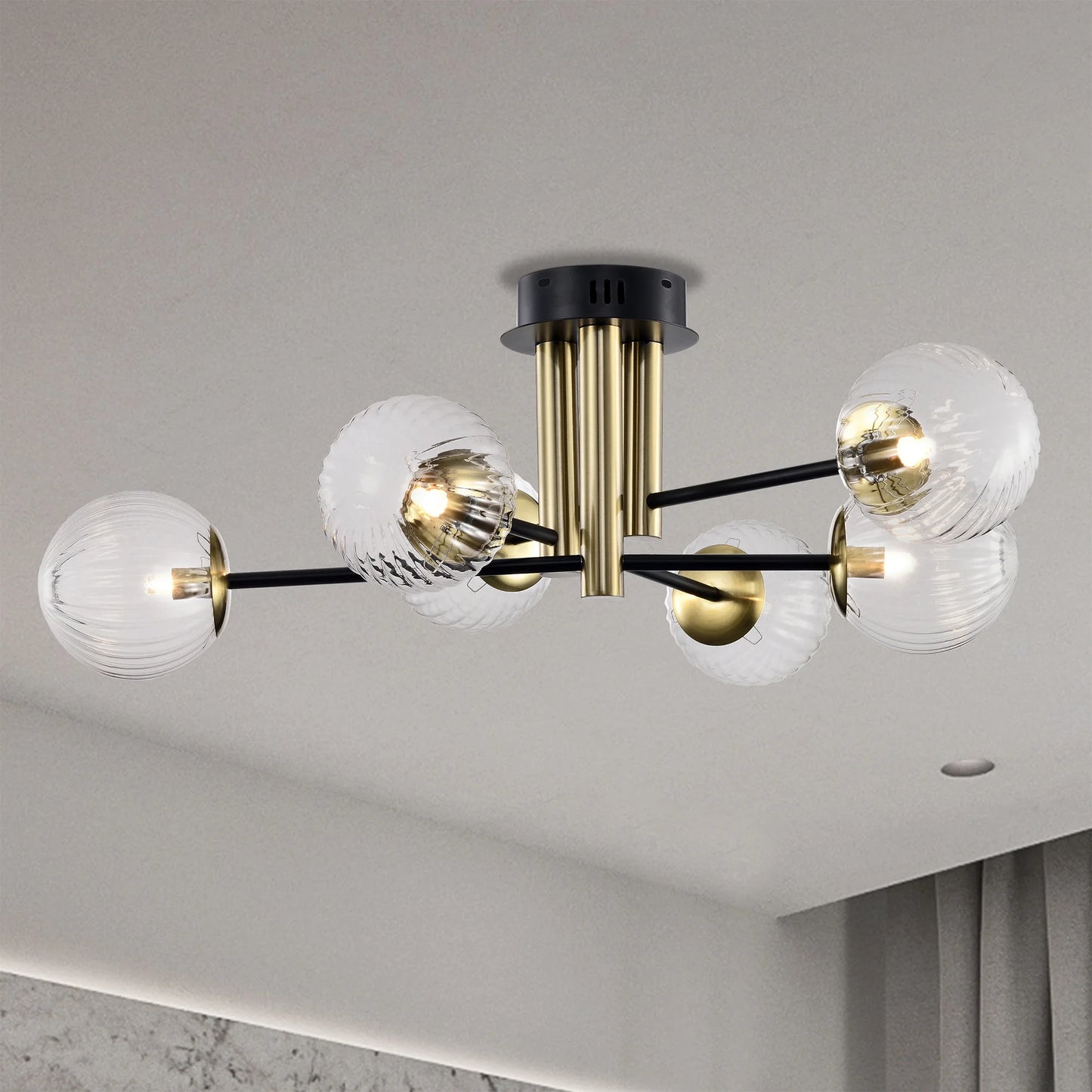 Atlas 31.6 in. 6-Light Indoor Matte Black and Brass Finish Semi-Flush Mount Ceiling Light with Light Kit
