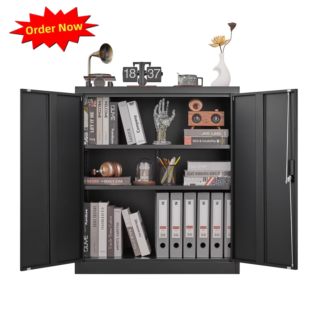 Tcbosik Metal Storage Cabinet with Lock, Home Office Cabinet with Adjustable Shelves and 2 Doors, Small Cabinet for Garage, Shop, Gym, Black